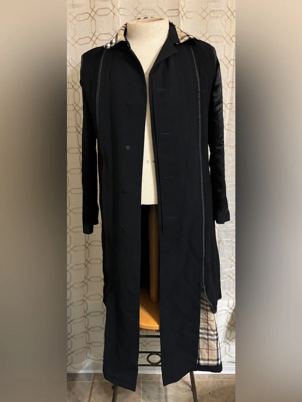 Burberry London Black Trench Coat Nova Check Removable Wool Liner Size 10R Long - Picture 6 of 16